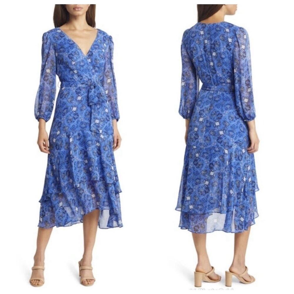 Eliza J Dress 2 Blue Floral Long Sheer Sleeves Surplice Chiffon Tiered Midi Slit